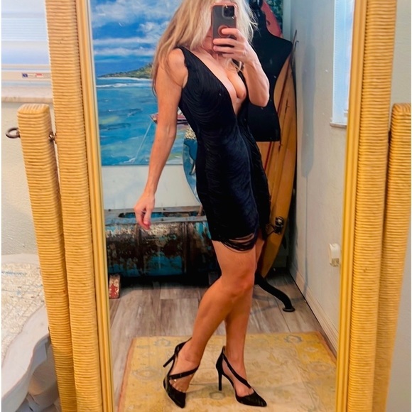 🔥PrettyLittleThing,Black Extreme Plunge Tassel Bodycon Dress,US Women’s Size 0 - Picture 7 of 12
